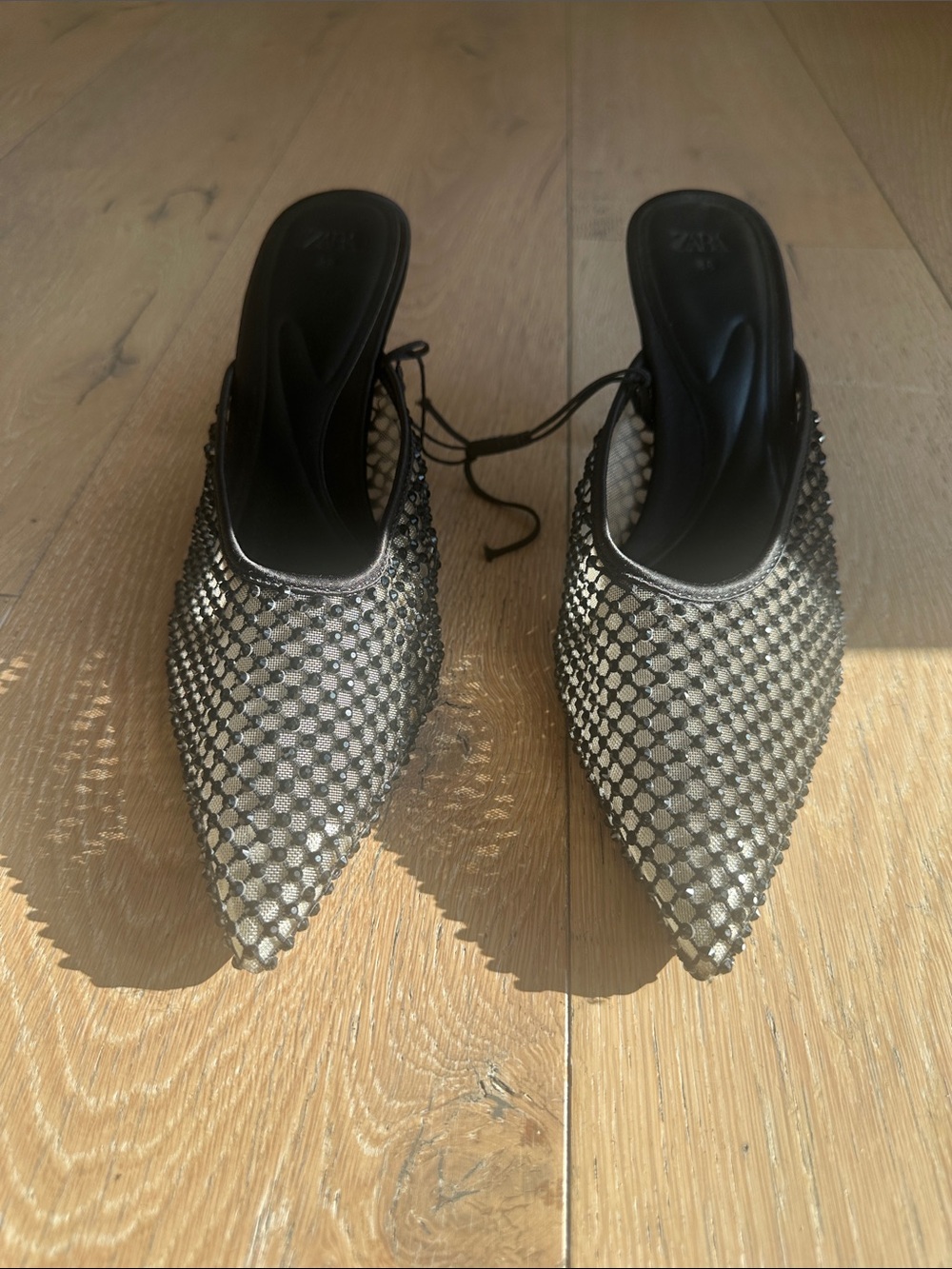 Zara Black and Silver Mesh Pointed Mules